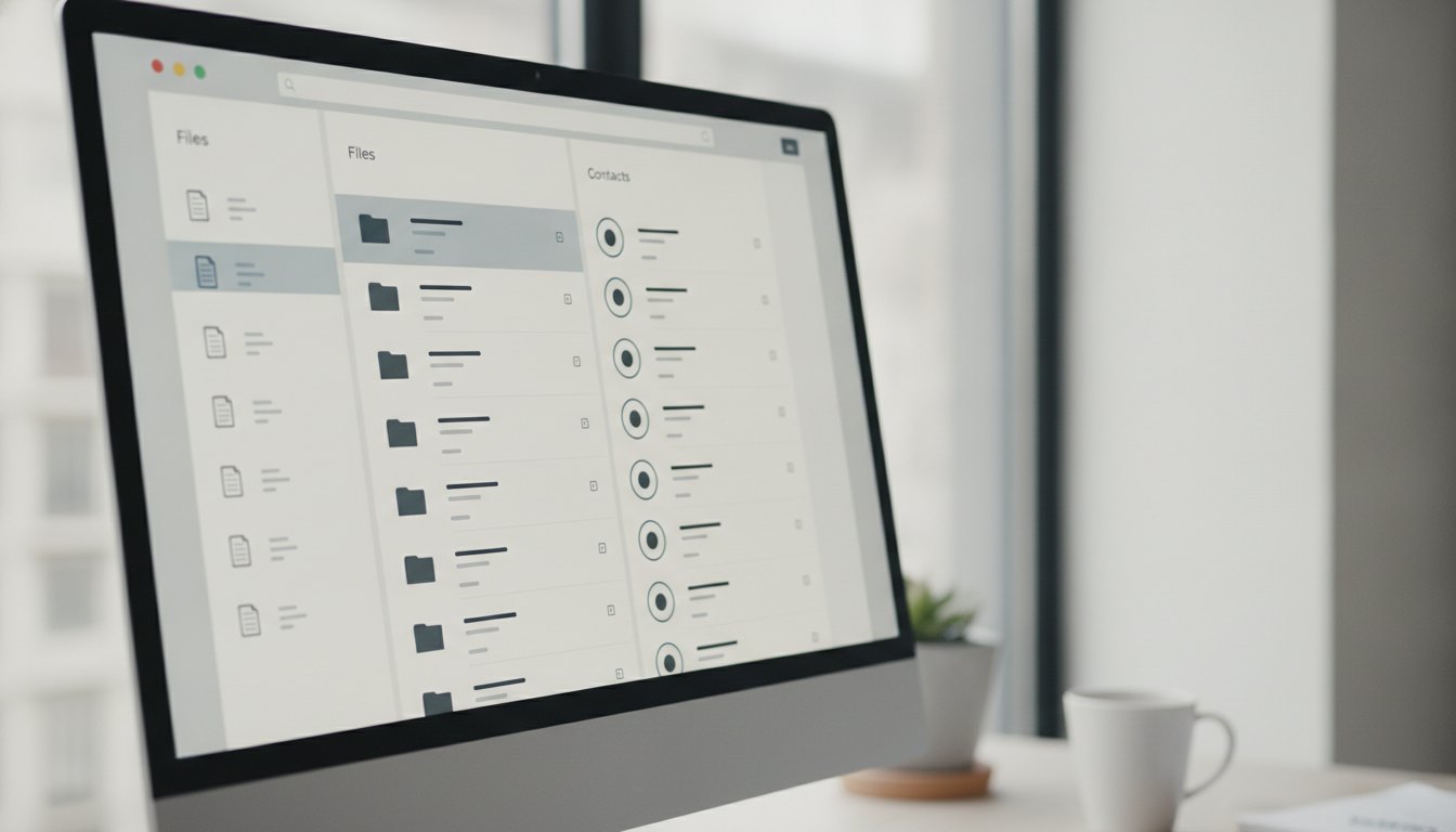 Tela de computador exibindo um painel de controle com lista de arquivos e contatos organizados.