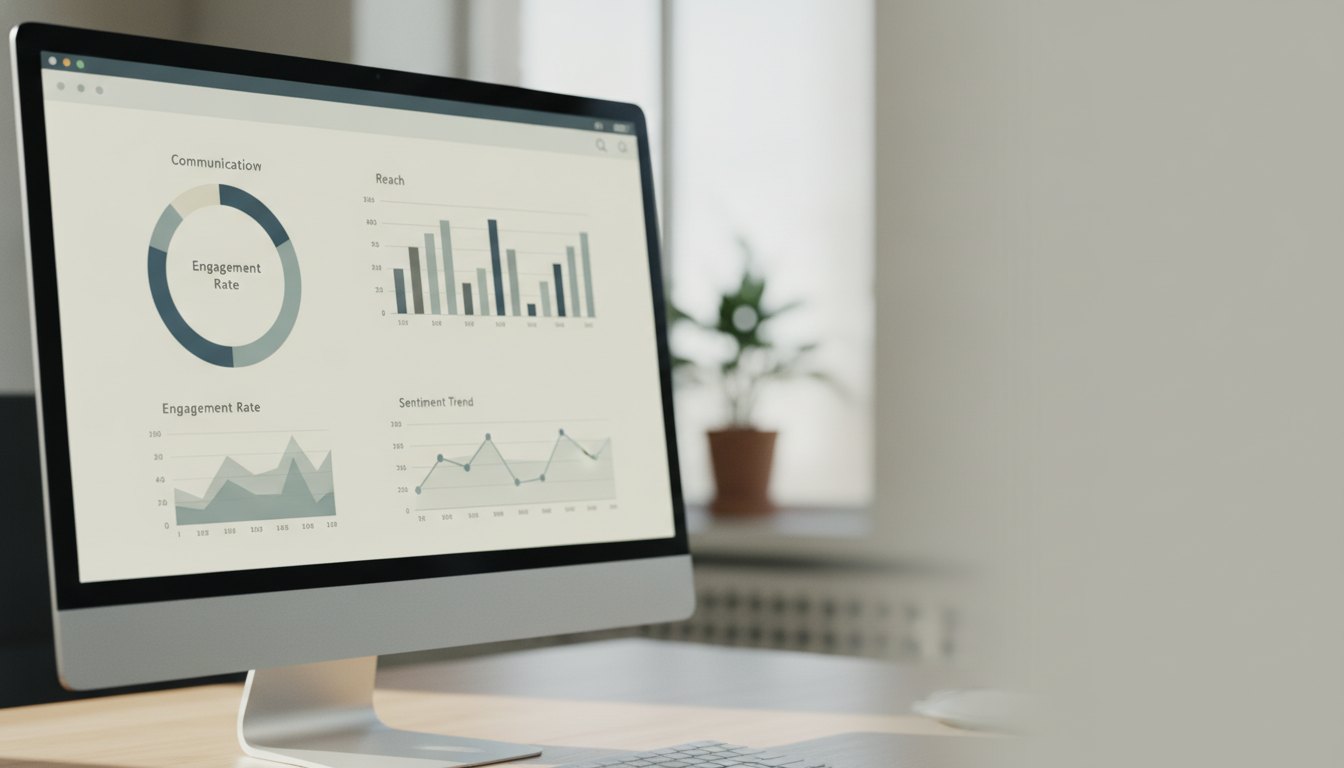Tela de computador exibindo um painel de controle com gráficos de leitura de comunicados corporativos.