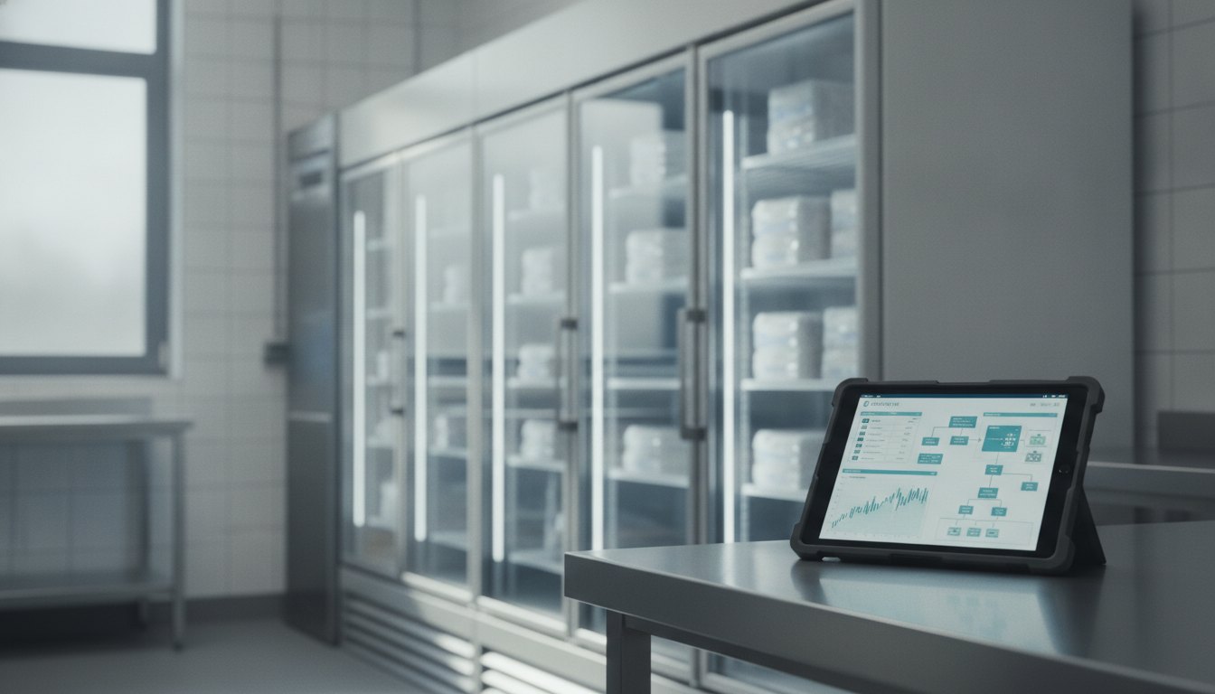 Profissional analisa formulário em tablet digital ao lado de um equipamento de refrigeração comercial.