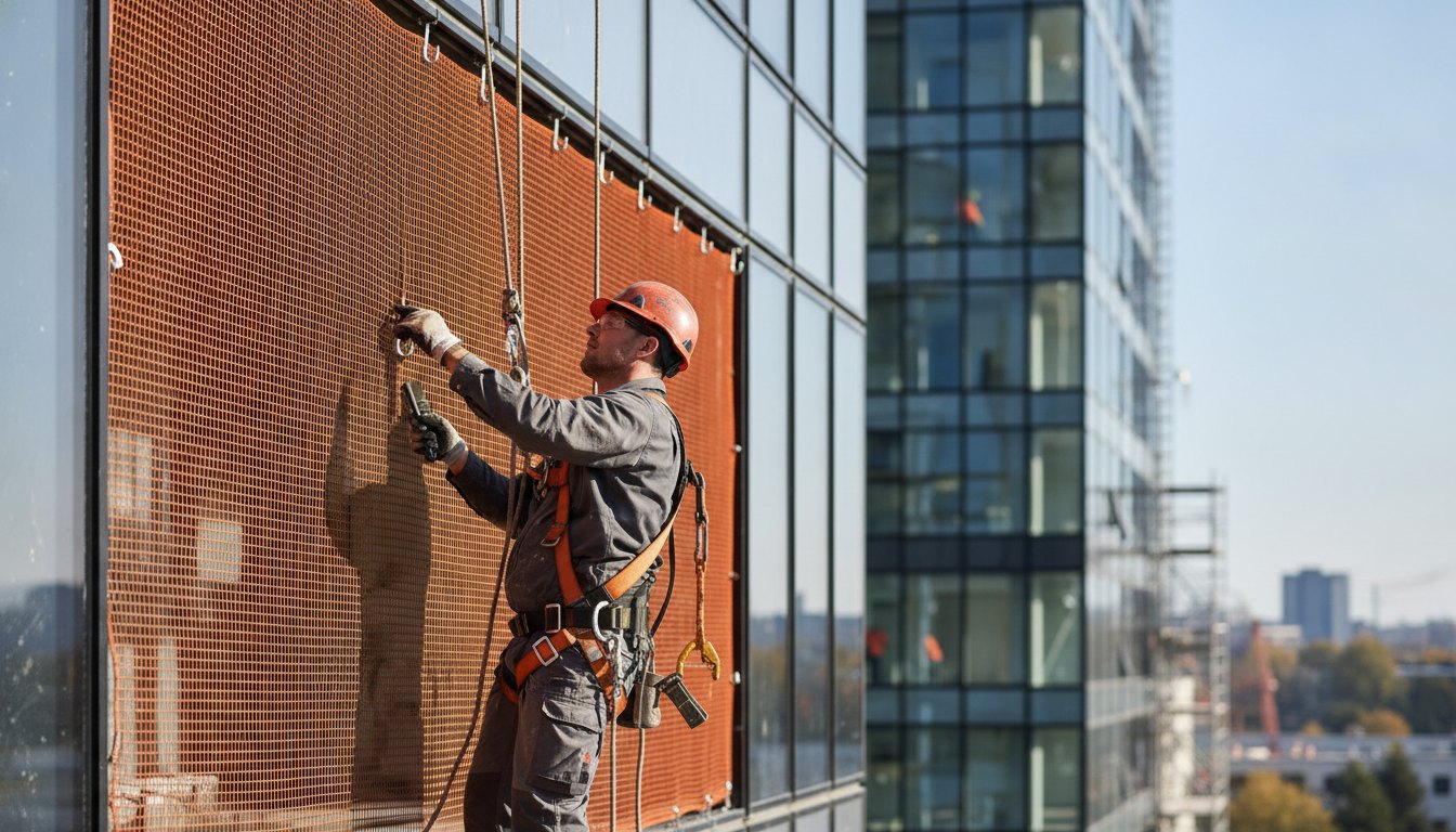 Trabalhador com equipamento de segurança ajustando ganchos de uma tela em janela de prédio comercial.