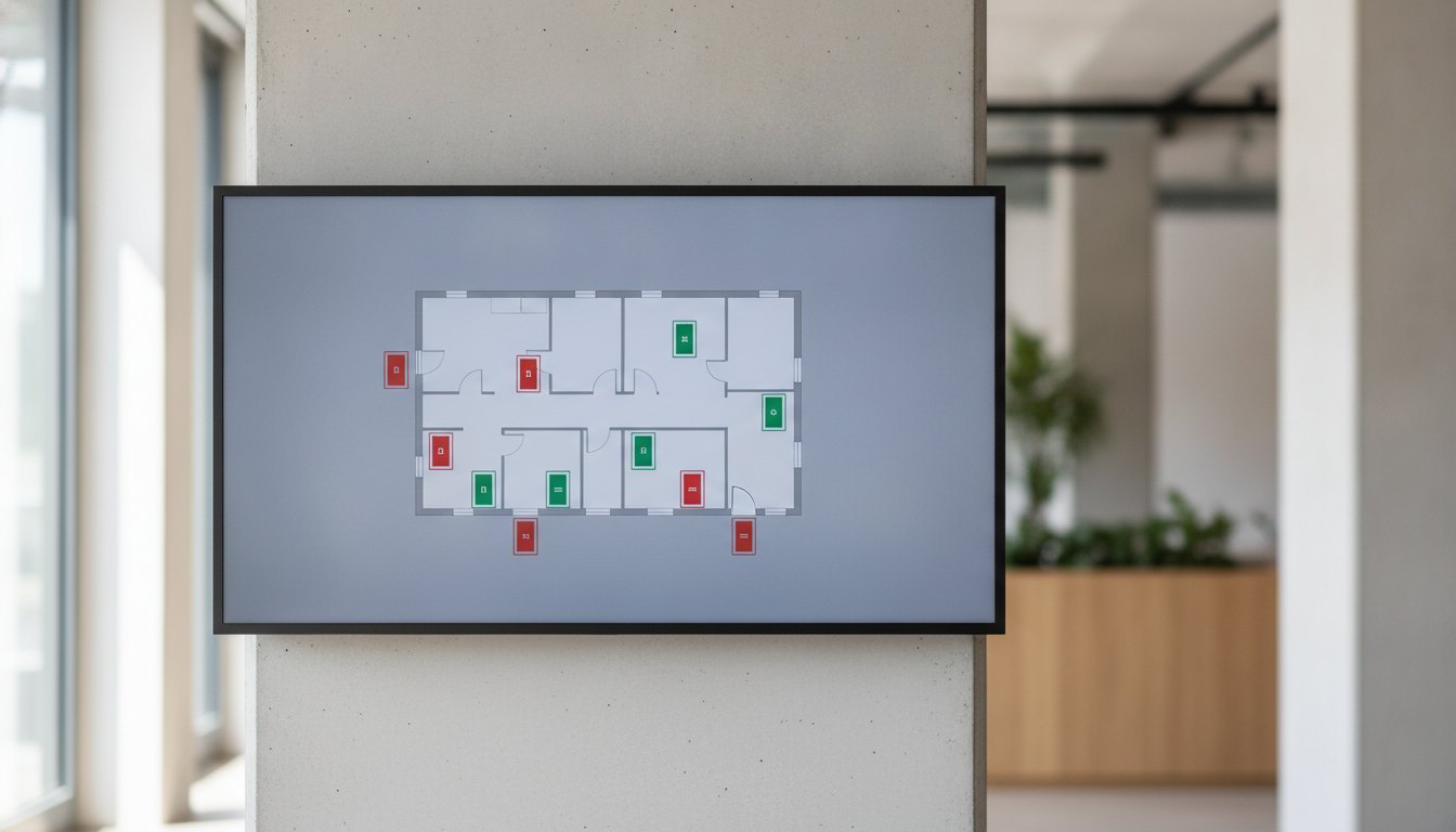 Painel digital mostrando planta baixa de um escritório com ícones de portas vermelhas e verdes.