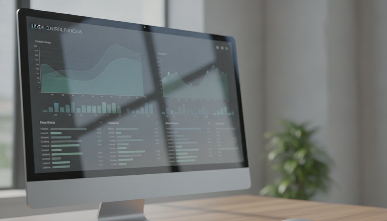 Tela de computador exibindo um painel de controle com gráficos e listas de processos jurídicos.