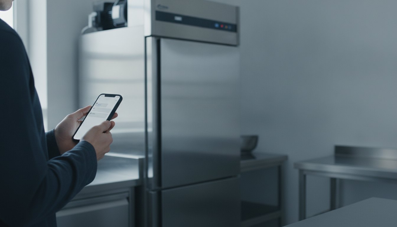 Pessoa utilizando um smartphone com um aplicativo de mensagens aberto ao lado de uma geladeira industrial