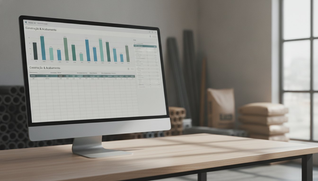 Tela de computador exibindo um sistema de compras corporativas com gráficos e tabelas.