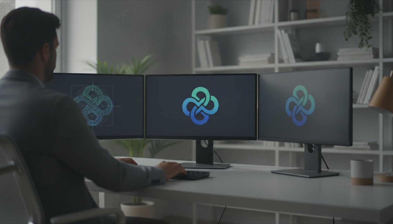 Mulher usando computador em escritório, com vários monitores exibindo diferentes versões de um mesmo logotipo.