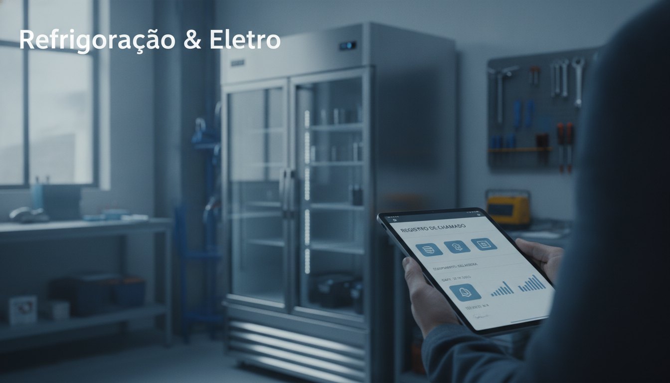 Funcionário usa um tablet corporativo para registrar o chamado de manutenção de uma geladeira.