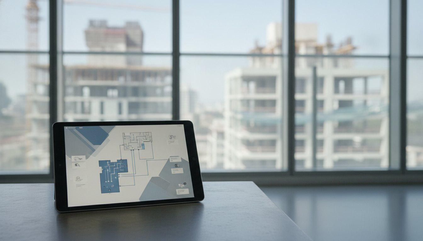 Tela de um tablet exibindo um painel de controle predial com uma grande janela ao fundo.