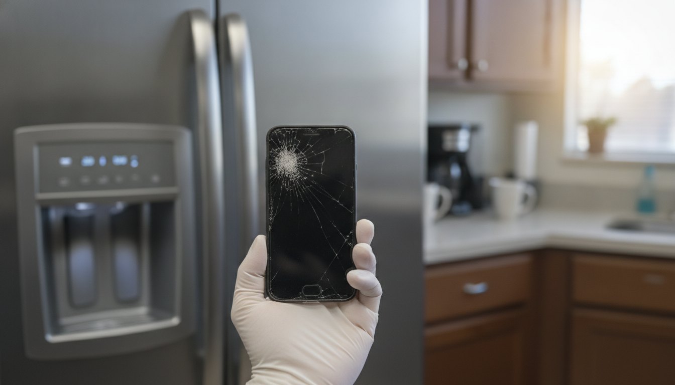 Funcionário segurando um smartphone corporativo danificado em frente a um refrigerador na copa do escritório.