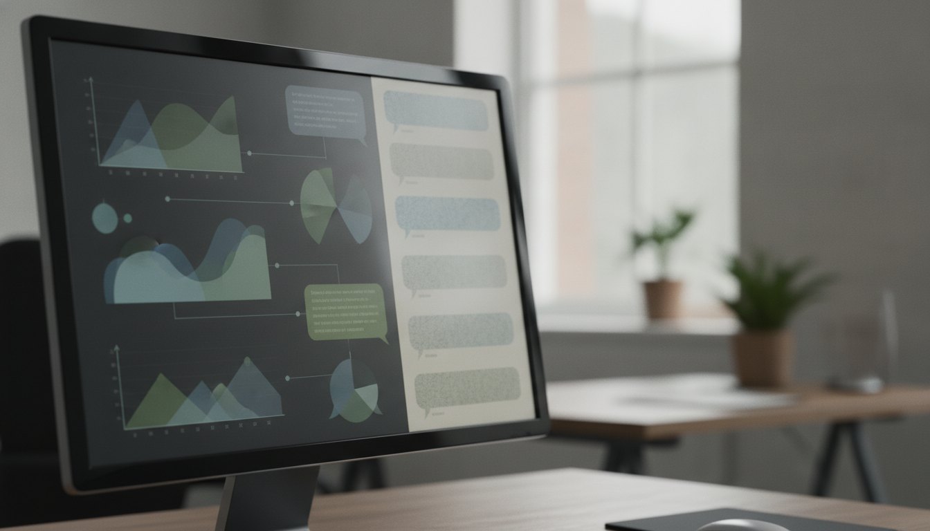 Tela de computador exibindo um painel de controle com gráficos e mensagens de chat.