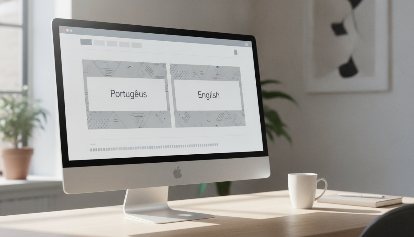 Tela de computador exibindo um painel de mensagens corporativas com opções de idiomas lado a lado.