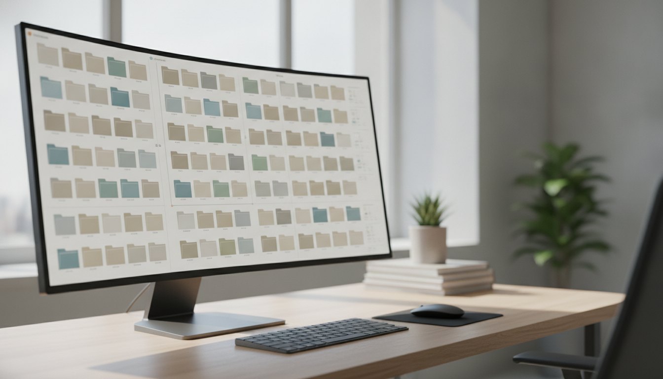 Profissional analisando pastas organizadas em um monitor de computador em um escritório claro.