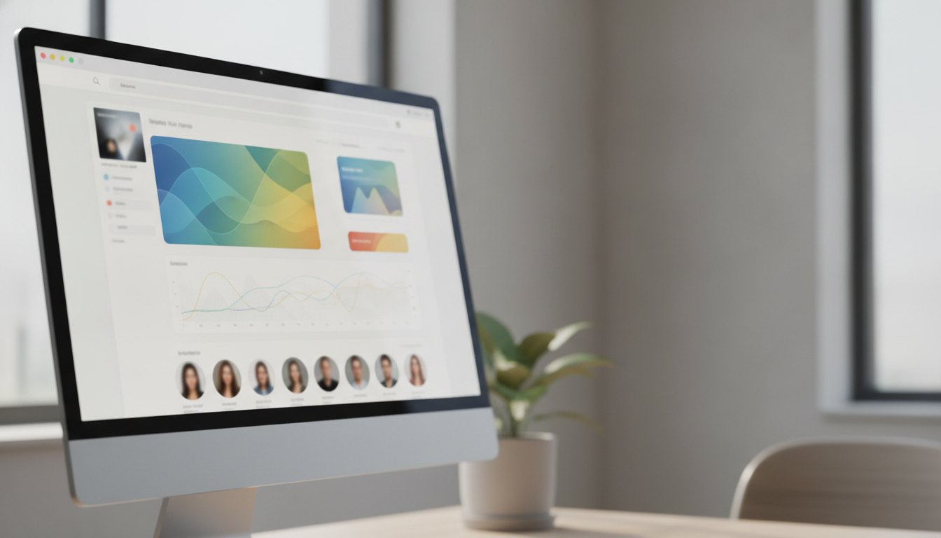 Tela de computador exibindo painel de mensagens com gráficos coloridos e fotos de perfil.