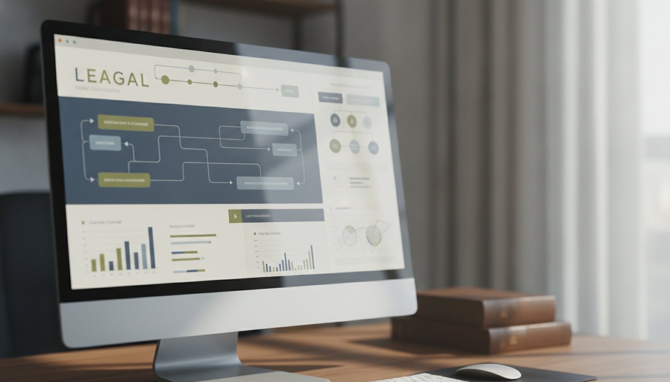 Tela de computador exibindo painel de controle com gráficos e fluxos de processos jurídicos.