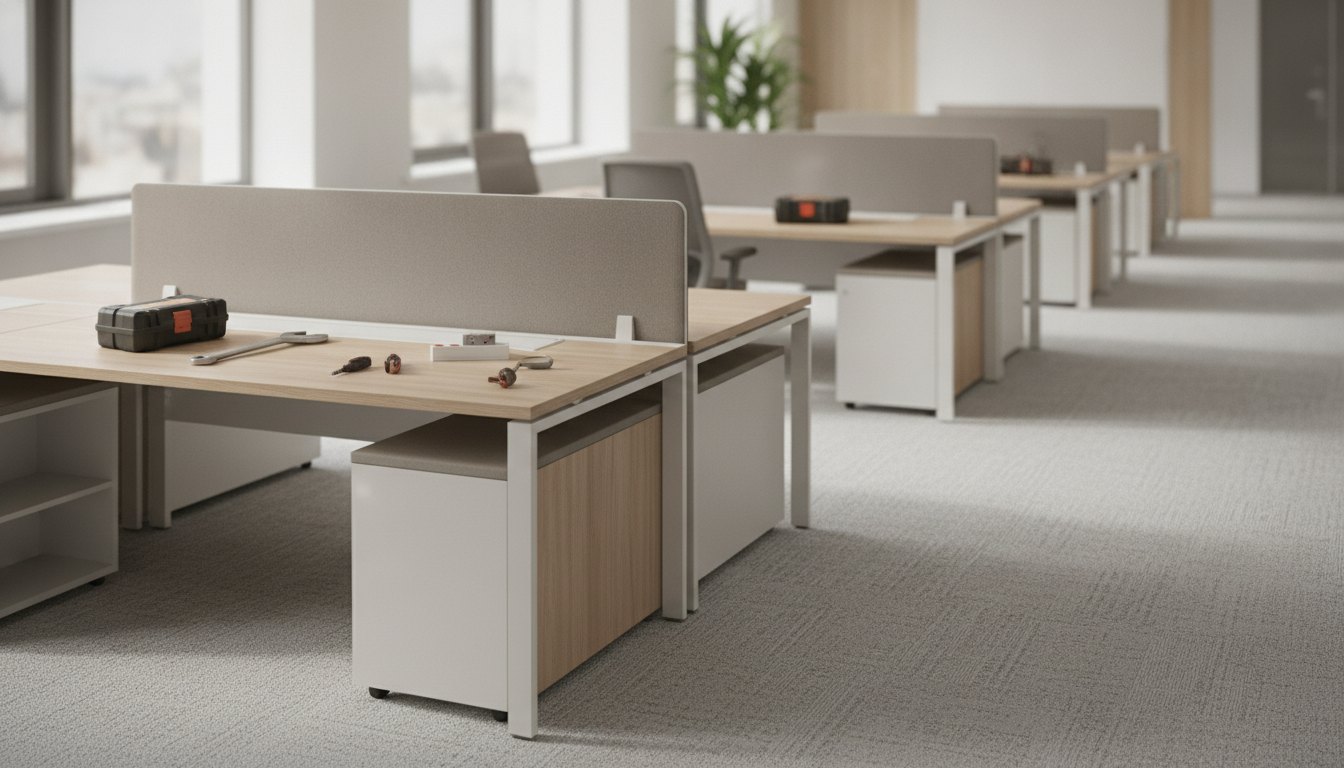 Ambiente de escritório moderno com mesas modulares sendo organizadas por profissionais de manutenção.