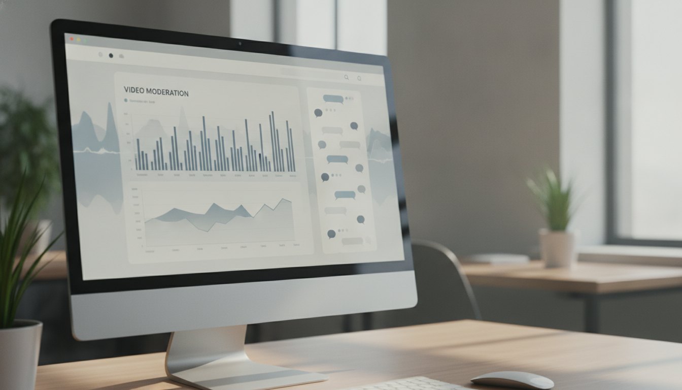Tela de computador exibindo painel de apresentação em vídeo com gráficos de moderação e chat lateral.