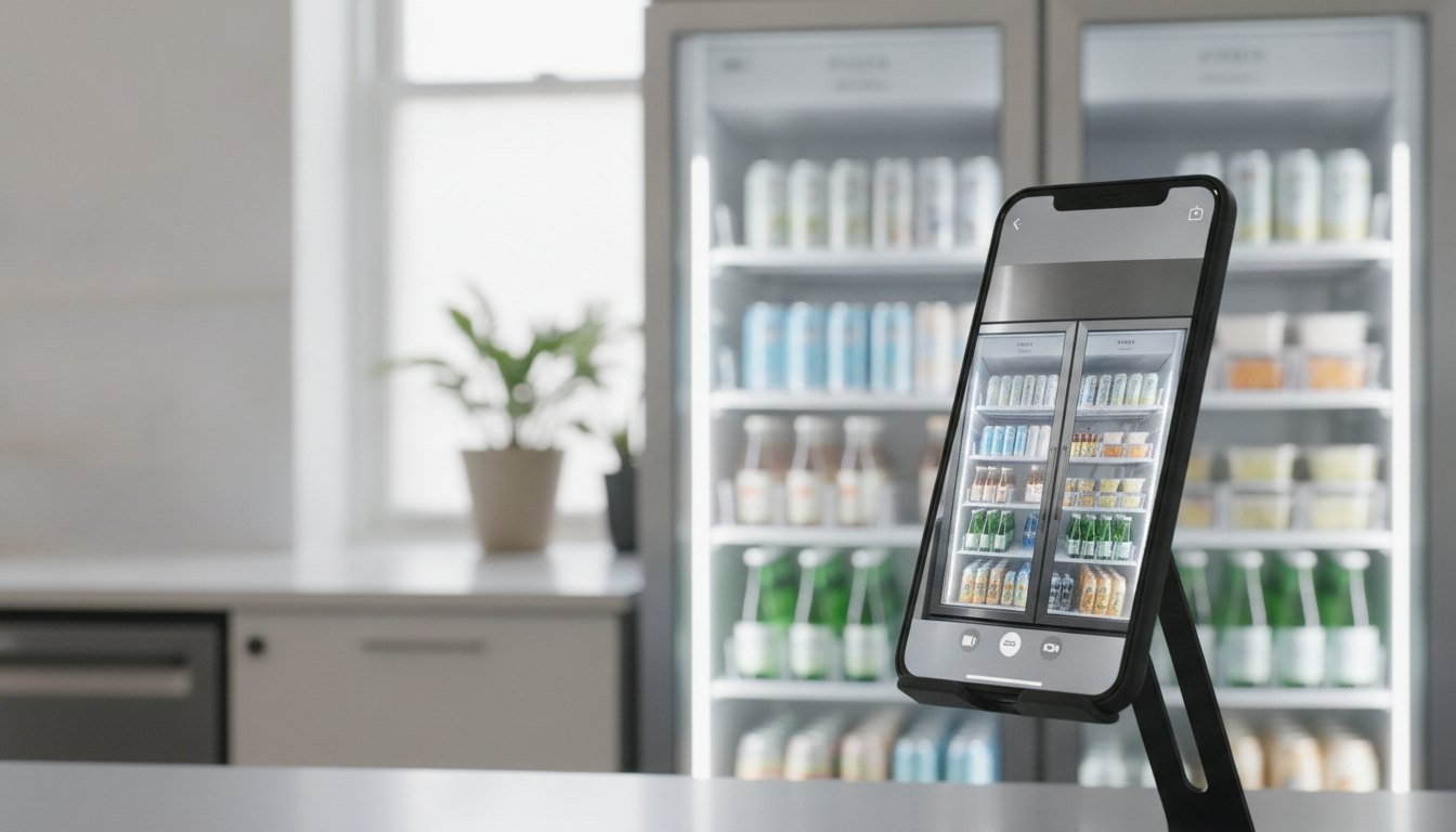 Funcionário usando smartphone para mostrar o interior de uma geladeira corporativa durante chamada de vídeo.