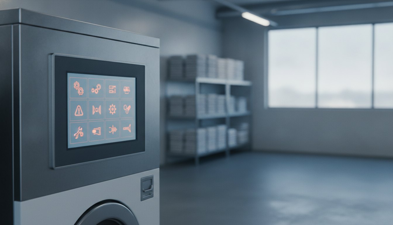 Painel digital de uma lavadora industrial exibindo alertas de manutenção em uma lavanderia corporativa.
